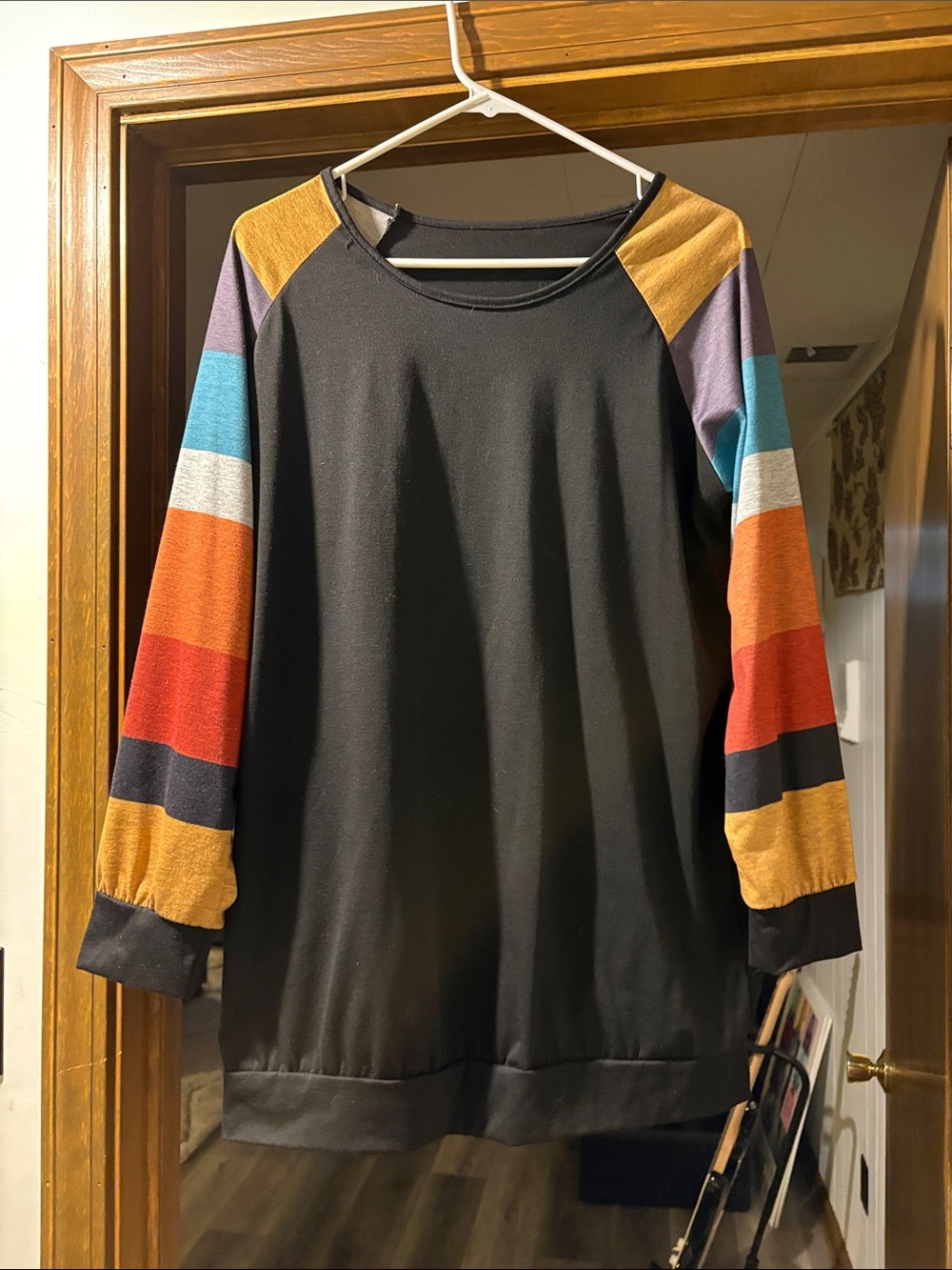 Black Tunic Sweatshirt with Rainbow Stripe Sleeves